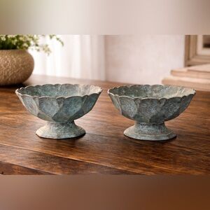 Decorative Metal Pedestal Bowls (Set of 2) – Patina Finish – Boho Table Accents